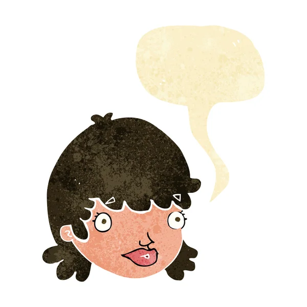 Cartone animato volto femminile con espressione sorpresa con bolla discorso — Vettoriale Stock