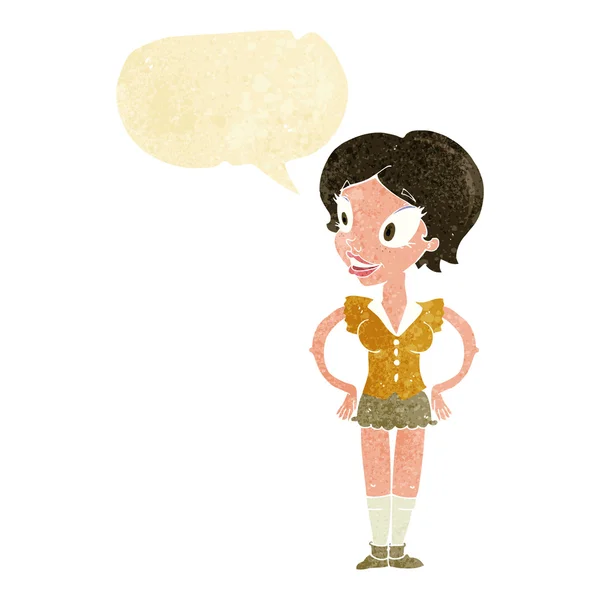 Desenho animado mulher feliz em saia curta com bolha de fala —  Vetores de Stock