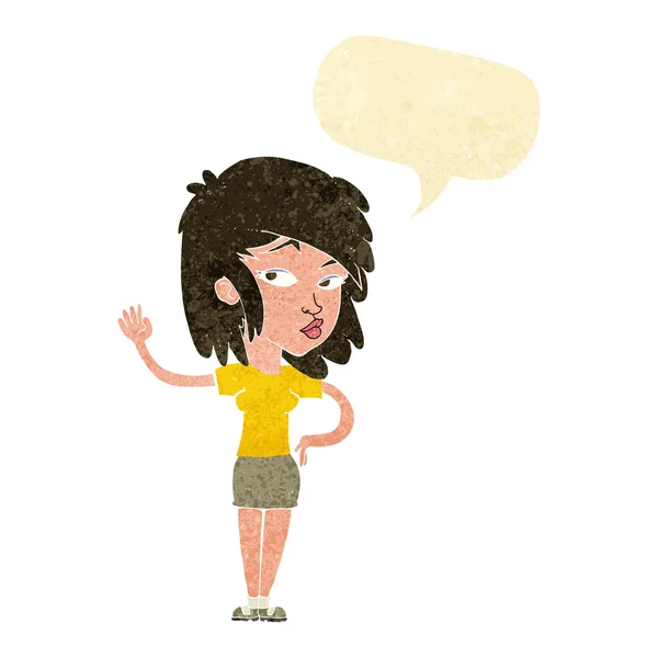 Dibujos animados mujer bonita ondeando con la burbuja del habla — Archivo Imágenes Vectoriales