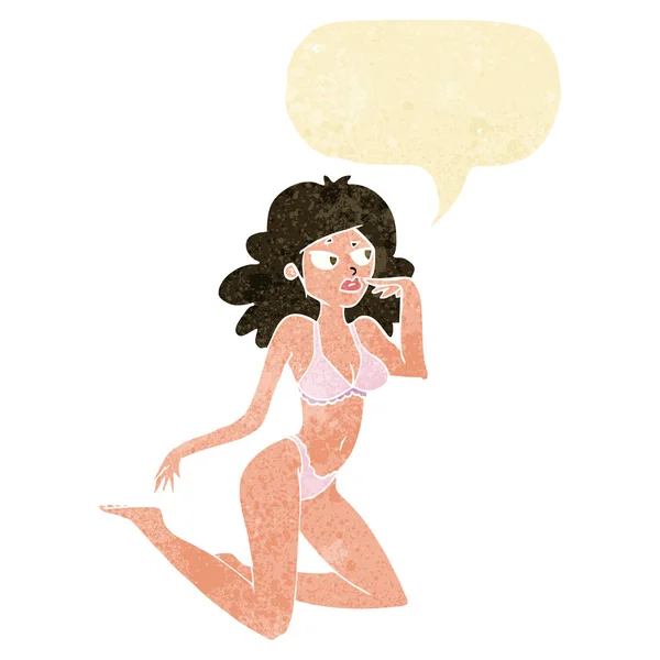 Femme dessin animé en sous-vêtements regardant réfléchi avec bulle de parole — Image vectorielle