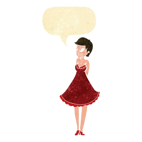 Cartoon pretty woman in dress with speech bubble — Stock Vector