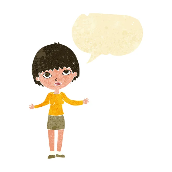 Cartoon woman shrugging  with speech bubble — Stock Vector