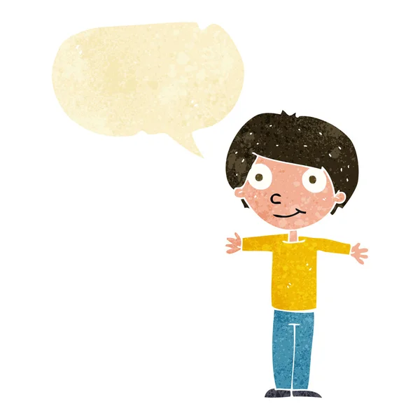 Мультяшний щасливий хлопчик з відкритими руками з бульбашкою мовлення — стоковий вектор