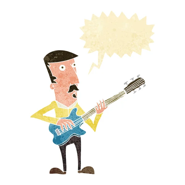 Cartoon man playing electric guitar with speech bubble — Stock Vector