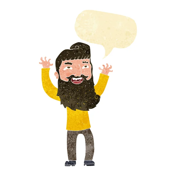 Kreslený šťastný vousatý muž mává rukama s bublinou řeči — Stockový vektor