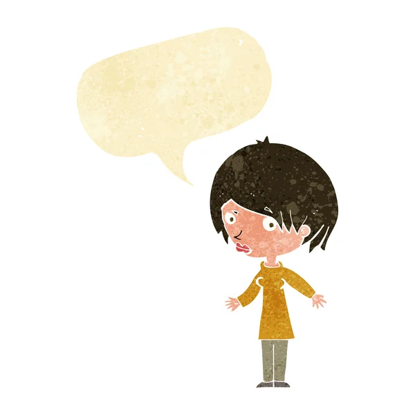 Cartoon woman shrugging shoulders with speech bubble — Stock Vector