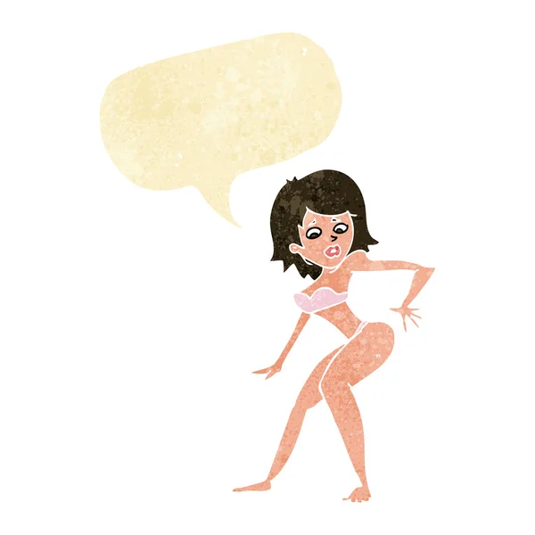 Mujer de dibujos animados en bikini con burbuja del habla — Vector de stock