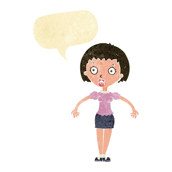 Cartoon confused woman shrugging shoulders with speech bubble — Stock Vector
