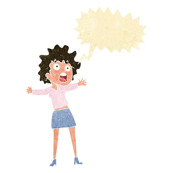 Cartoon frightened woman with speech bubble — Stock Vector