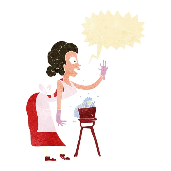 Cartoon housewife washing up with speech bubble — Stock Vector