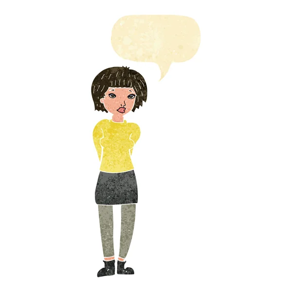 Desenho animado mulher tímida com bolha de fala — Vetor de Stock