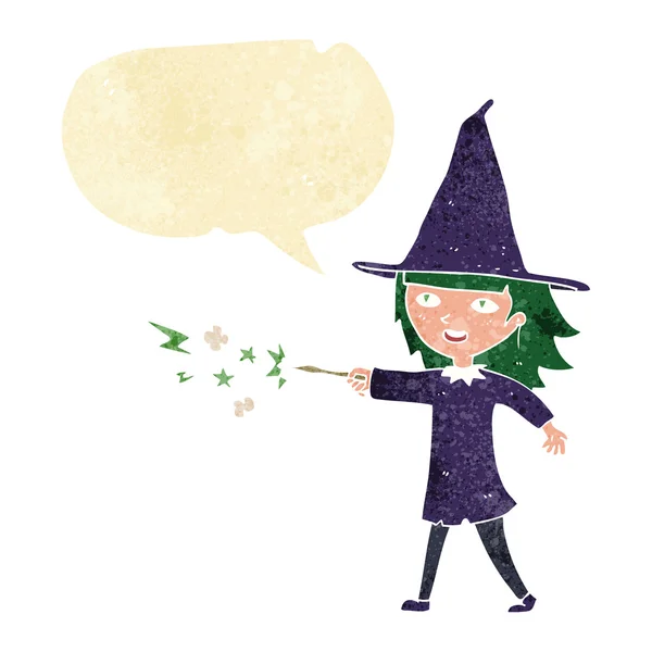 Çizgi film cadısı kız konuşma balonuyla büyü yapıyor. — Stok Vektör