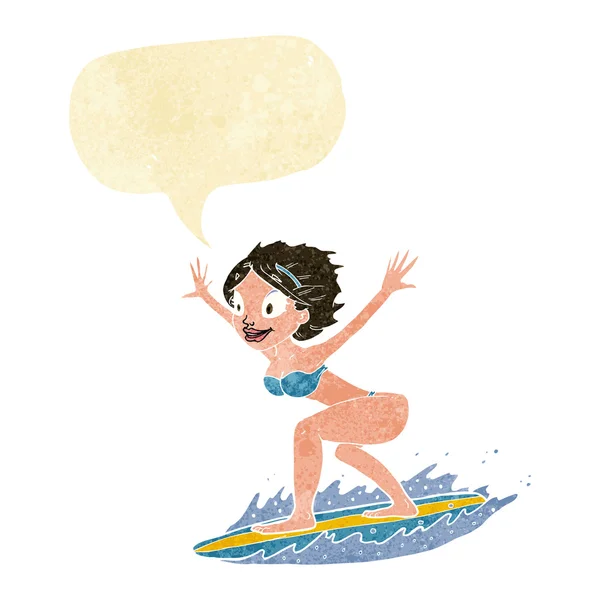 Chica surfista de dibujos animados con burbuja del habla — Archivo Imágenes Vectoriales