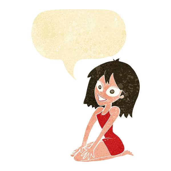 Konuşma balonu ile içinde karikatür mutlu kadın — Stok Vektör