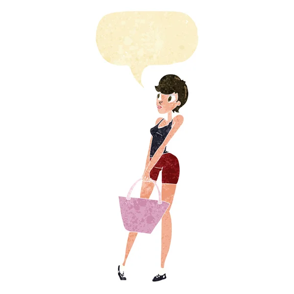 Cartoon attractive woman shopping with speech bubble — Stock Vector