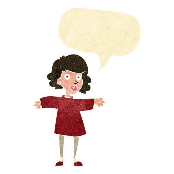 Cartoon nervous woman with speech bubble — Stock Vector