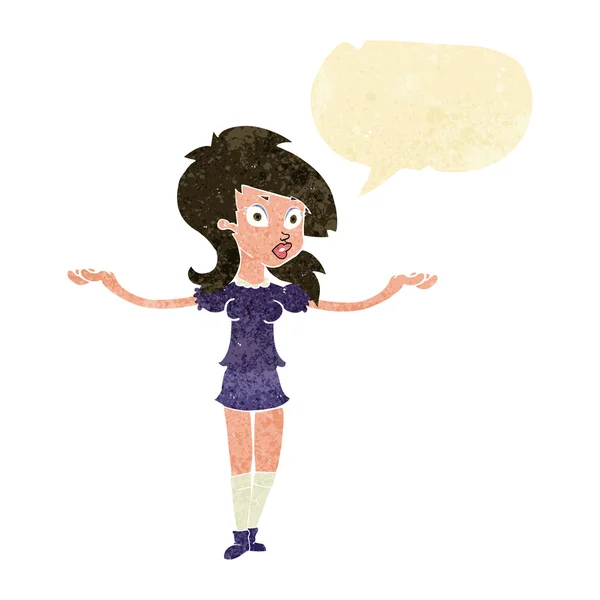 Cartoon confused pretty girl with speech bubble — Stock Vector