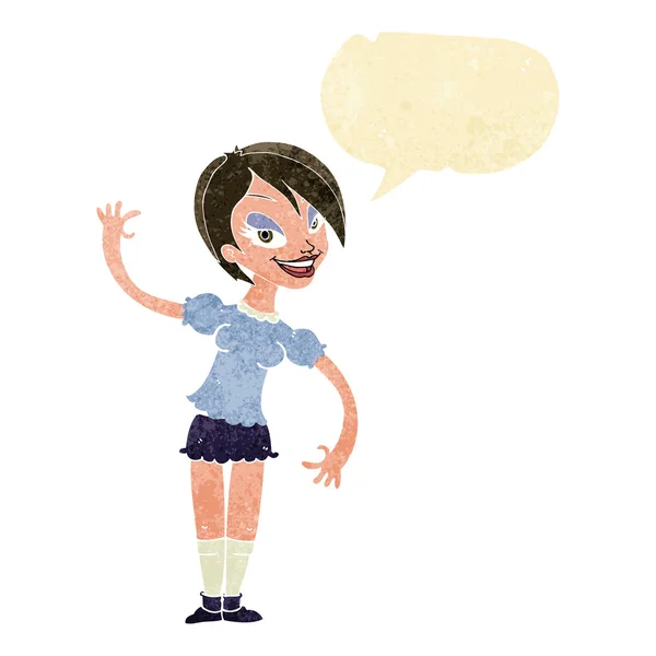 Cartoon girl waving with speech bubble — Stock Vector