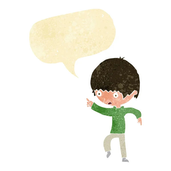 Desenho animado menino preocupado apontando com bolha de fala — Vetor de Stock