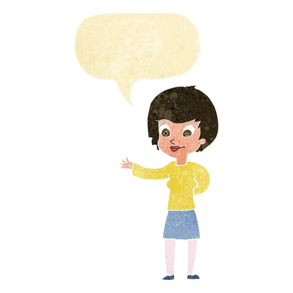 Dessin animé accueillant femme avec bulle de parole — Image vectorielle