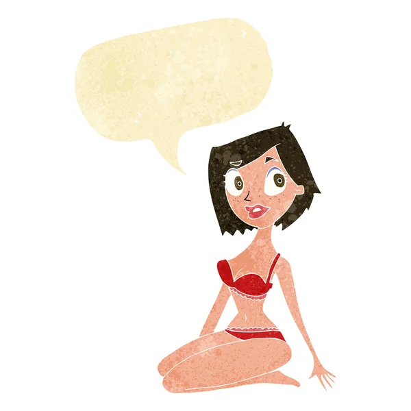Dessin animé jolie femme en sous-vêtements avec bulle de parole — Image vectorielle