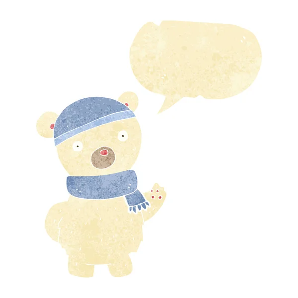 Urso polar desenhos animados em chapéu de inverno e cachecol com bolha de fala — Vetor de Stock