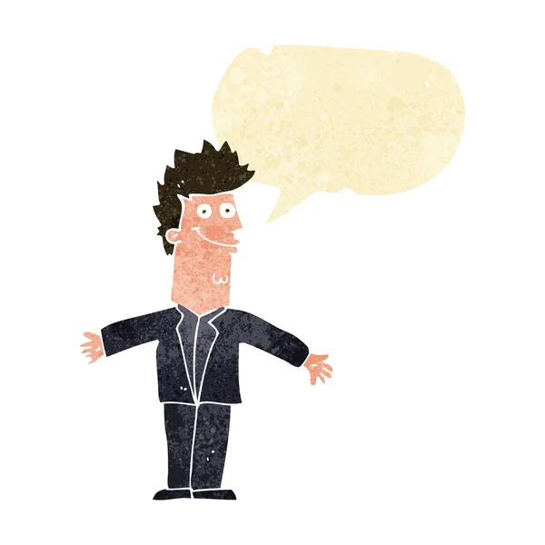 Cartone animato uomo felice a braccia aperte con bolla discorso — Vettoriale Stock