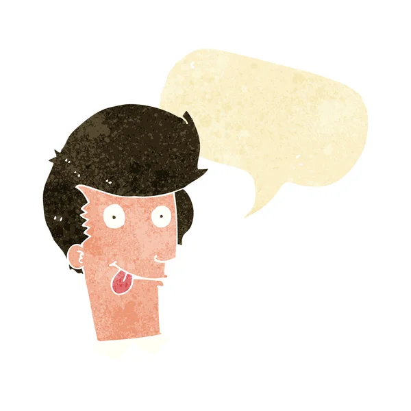 Cartoon man met tong opknoping uit met spraak zeepbel — Stockvector