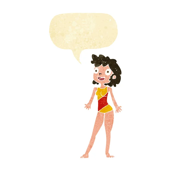 Cartoon woman in swimming costume with speech bubble — Stock Vector