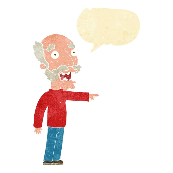 Dibujos animados hombre viejo asustado señalando con la burbuja del habla — Vector de stock
