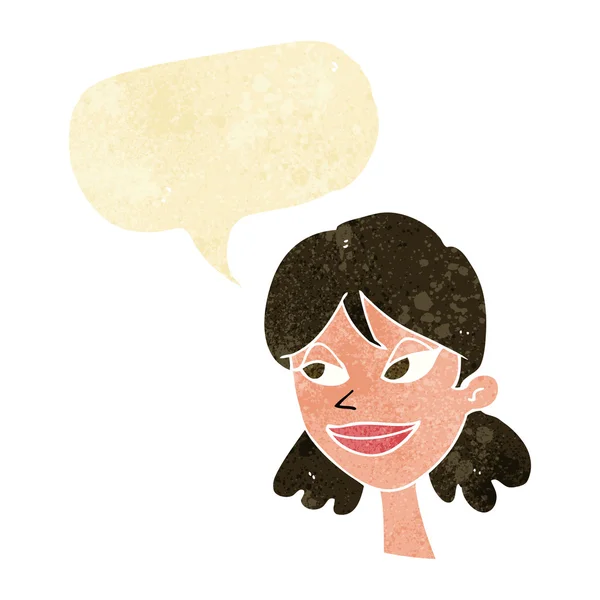 Cartone animato volto femminile felice con bolla discorso — Vettoriale Stock