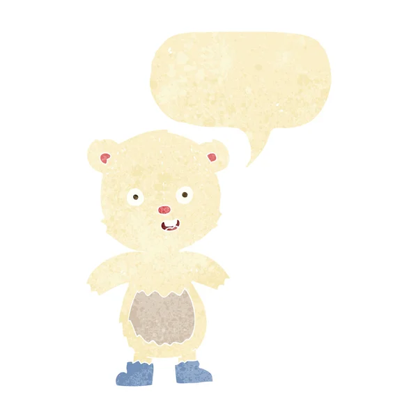 Cartoon happy teddy bear in boots with speech bubble — Stock Vector