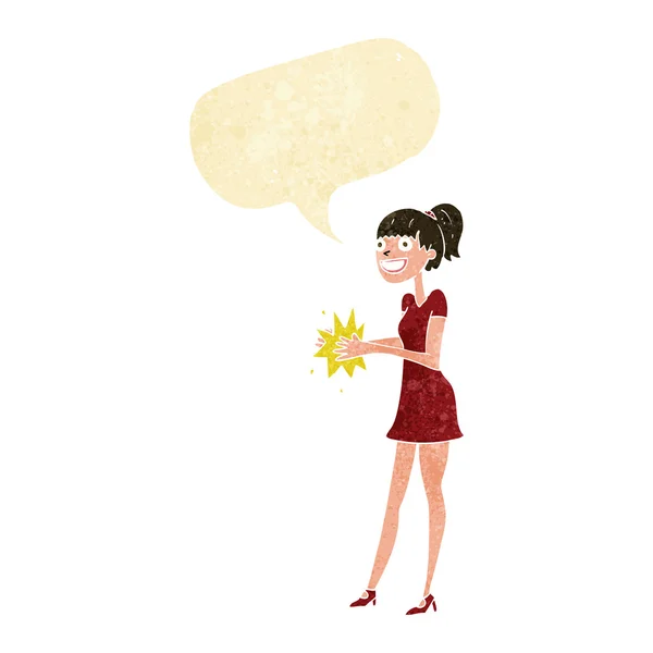 Cartoon woman clapping hands with speech bubble — Stock Vector