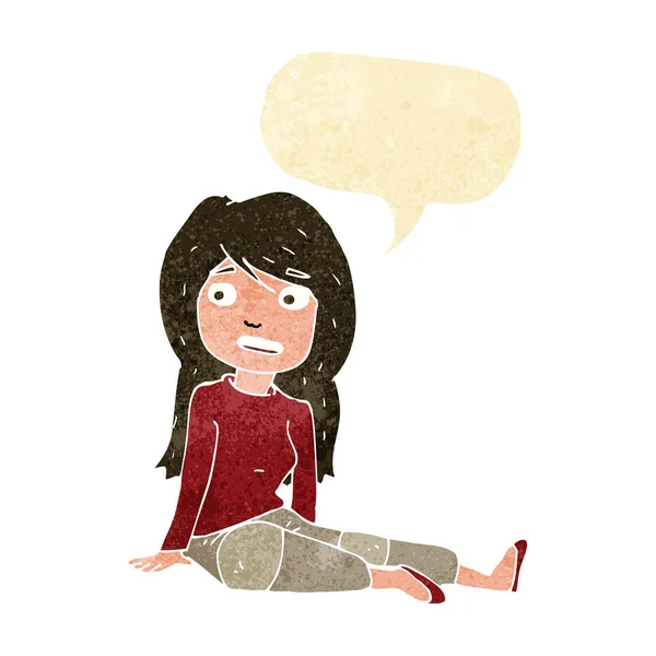 Κινούμενα σχέδια κορίτσι που κάθεται στο πάτωμα με το συννεφάκι λόγου — Διανυσματικό Αρχείο