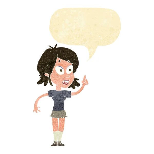 Cartoon mulher fazendo pergunta com bolha de fala — Vetor de Stock