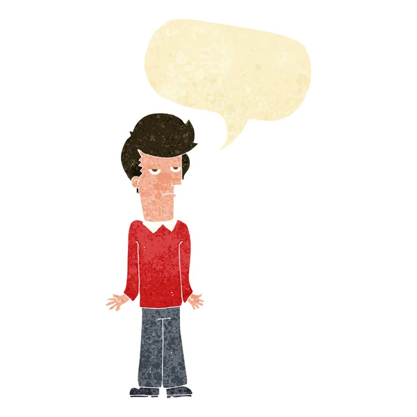 Καρτούν βαρεθεί άνθρωπος shrugging ώμους με φούσκα ομιλία — Διανυσματικό Αρχείο