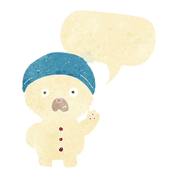 Cartoon waving polar teddy bear in winter hat with speech bubble — Stock Vector