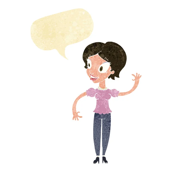 Cartoon woman waving with speech bubble — Stock Vector