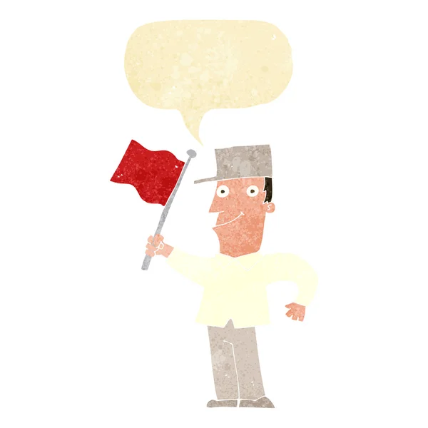 Homem dos desenhos animados acenando bandeira com bolha de fala — Vetor de Stock