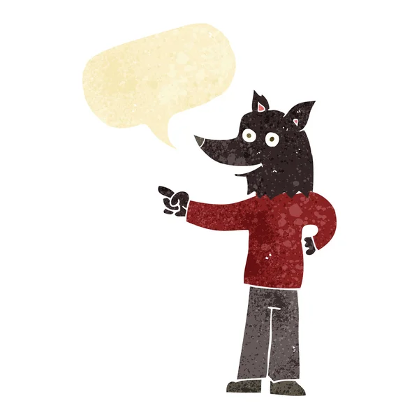 Cartoon wolf man pointing with speech bubble — Stock Vector