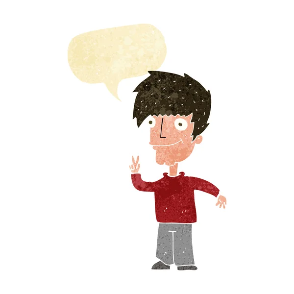 Γελοιογραφία άνθρωπος δίνοντας σημάδι ειρήνης με φούσκα ομιλία — Διανυσματικό Αρχείο