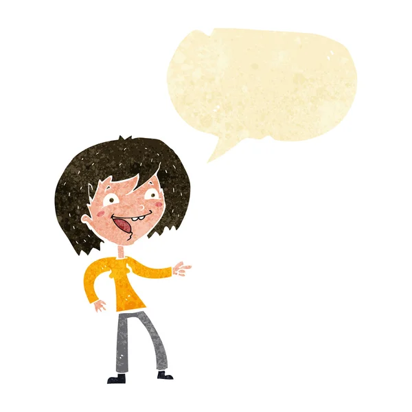 Cartoon woman laughing and pointing with speech bubble — Stock Vector