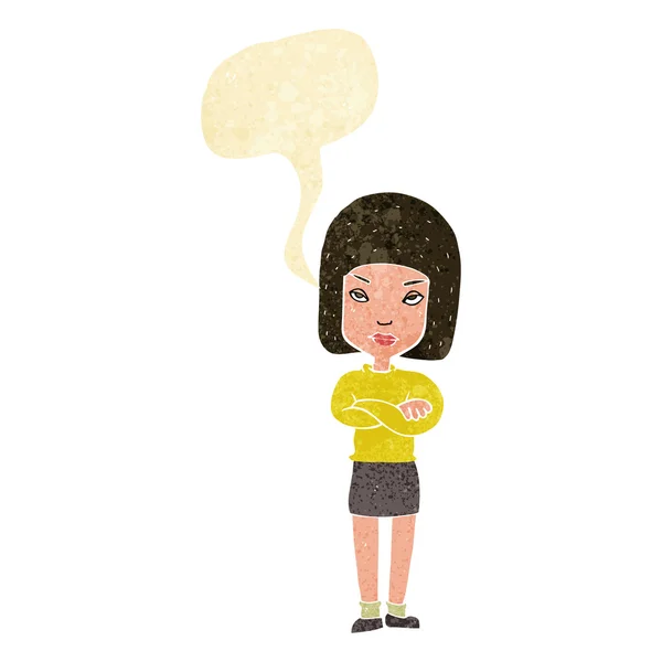 Cartoon woman with crossed arms with speech bubble — Stock Vector