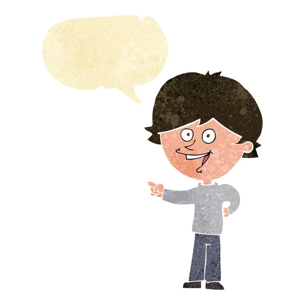 Dibujos animados niño riendo y señalando con el habla burbuja — Archivo Imágenes Vectoriales
