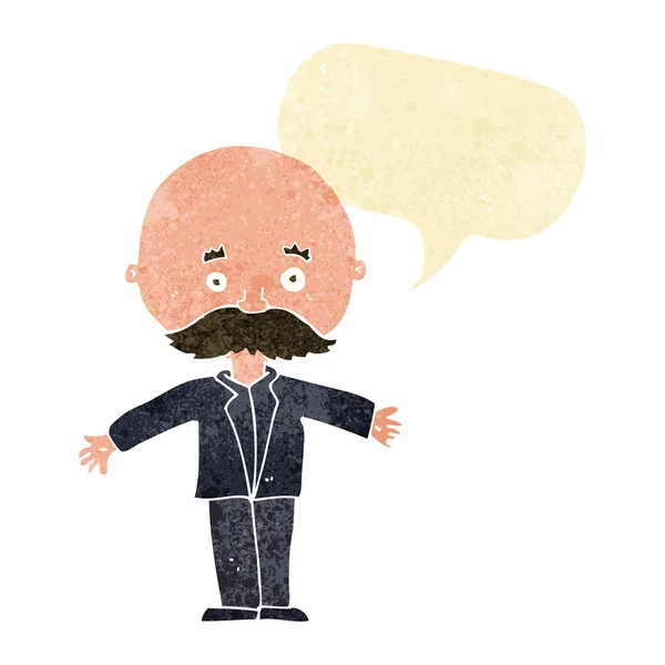 Cartoon bald man with open arms with speech bubble — Stock Vector