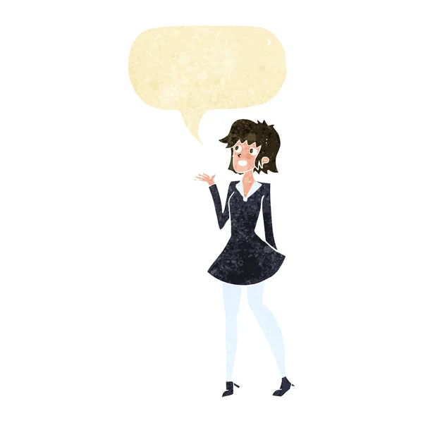 Cartoon pretty woman in dress with speech bubble — Stock Vector