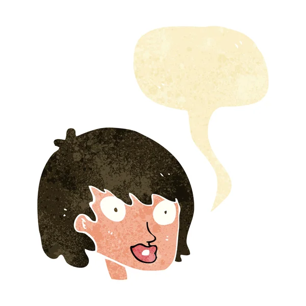 Kreslený šťastný ženský obličej s bublinou řeči — Stockový vektor