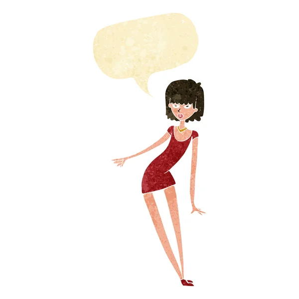Mujer de dibujos animados en vestido apoyado con la burbuja del habla — Vector de stock