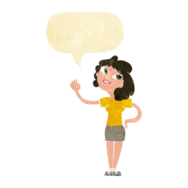 Cartoon woman waving  with speech bubble — Stock Vector