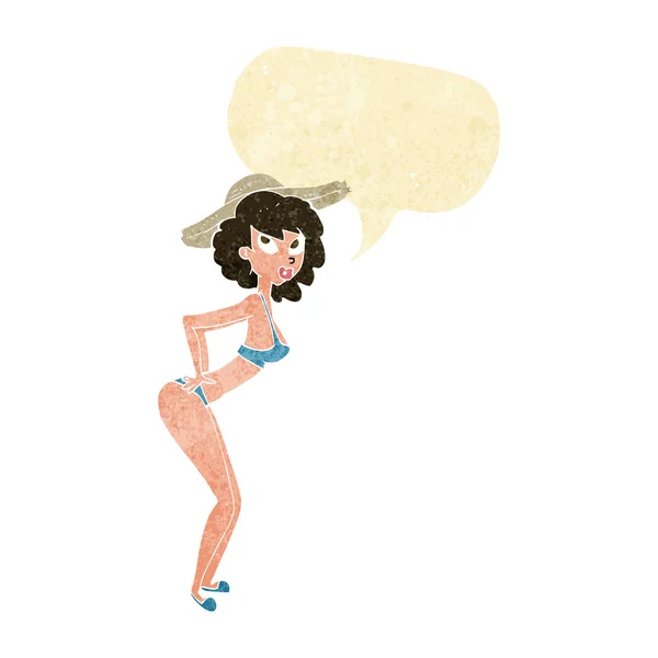 Cartoon pin-up beach girl with speech bubble — Stock Vector